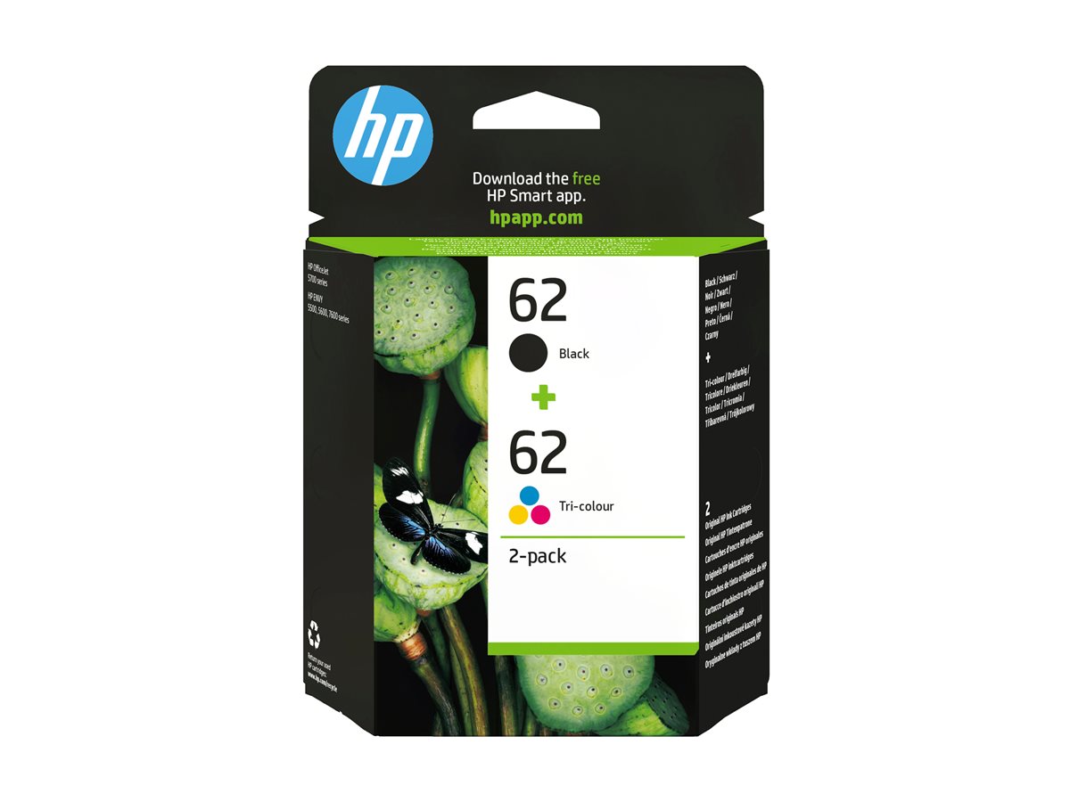 HP 62 - 2-pack - colour (cyan, magenta, yellow), pigmented black - original - black, colour (cyan, magenta, yellow) - ink cartridge - for ENVY 55XX, 56XX, 76XX, Officejet 200, 250, 57XX, 8040