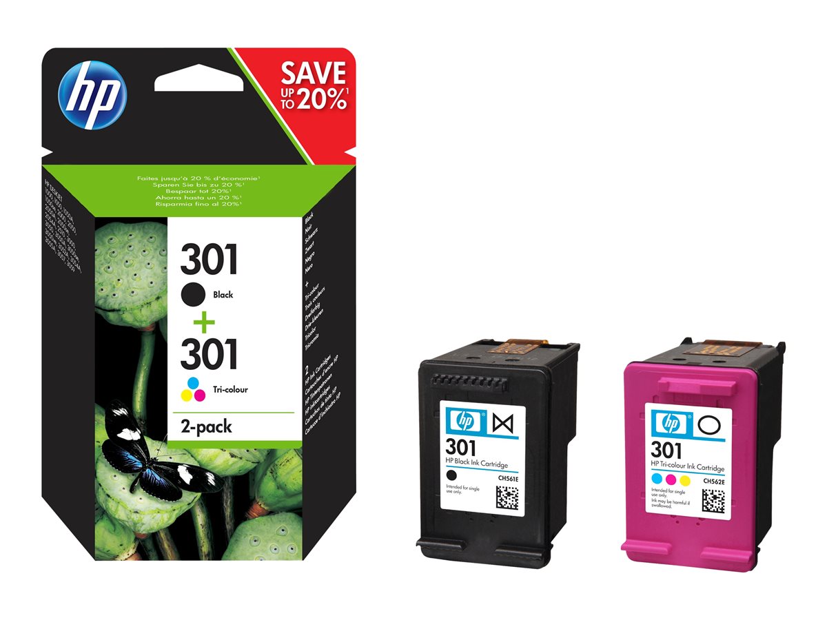 HP 301 - 2-pack - black, colour (cyan, magenta, yellow) - original - ink cartridge - for HP DeskJet 1000, 1010, 1050, 1050A, 1510, 2000, 2050 AiO, 2050A, 2510, 2540, 3000, 3050, 3050A, 3510 series, HP ENVY 4500, 5530 series, HP OfficeJet 2620, 4630 series